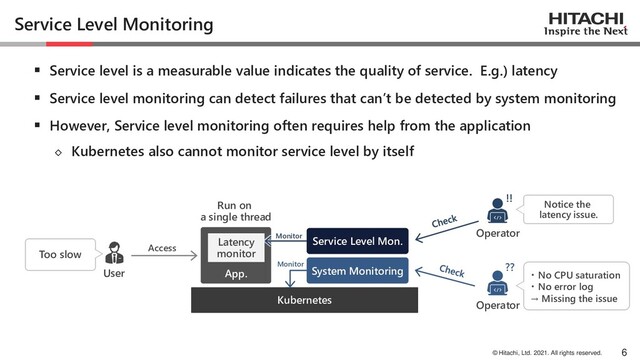 © Hitachi, Ltd. 2021. All rights reserved.
Service Level Monitoring
▪ Service level is a measurable value indicates the quality of service. E.g.) latency
▪ Service level monitoring can detect failures that can’t be detected by system monitoring
▪ However, Service level monitoring often requires help from the application
◇ Kubernetes also cannot monitor service level by itself
6
Operator
User
Too slow
Kubernetes
・ No CPU saturation
・ No error log
→ Missing the issue
App.
Latency
monitor
System Monitoring
Operator
Notice the
latency issue.
!!
Monitor
Monitor ??
Access
Service Level Mon.
Run on
a single thread
