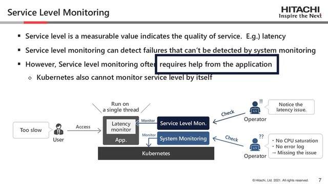 © Hitachi, Ltd. 2021. All rights reserved.
Service Level Monitoring
▪ Service level is a measurable value indicates the quality of service. E.g.) latency
▪ Service level monitoring can detect failures that can’t be detected by system monitoring
▪ However, Service level monitoring often requires help from the application
◇ Kubernetes also cannot monitor service level by itself
7
Operator
User
Too slow
Kubernetes
・ No CPU saturation
・ No error log
→ Missing the issue
App.
Latency
monitor
System Monitoring
Operator
Notice the
latency issue.
!!
Monitor
Monitor
Run on
a single thread
??
Access
Service Level Mon.
