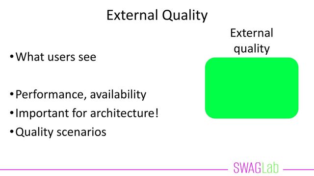 External Quality
•What users see
•Performance, availability
•Important for architecture!
•Quality scenarios
External
quality

