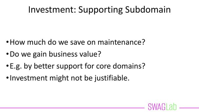 Investment: Supporting Subdomain
•How much do we save on maintenance?
•Do we gain business value?
•E.g. by better support for core domains?
•Investment might not be justifiable.
