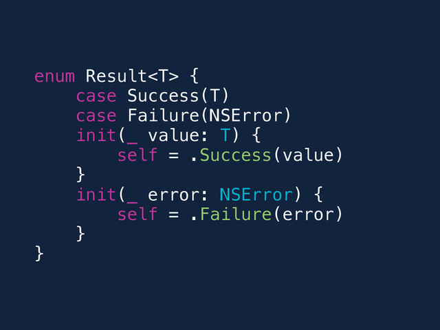 enum Result {
case Success(T)
case Failure(NSError)
init(_ value: T) {
self = .Success(value)
}
init(_ error: NSError) {
self = .Failure(error)
}
}
