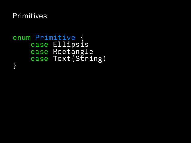 Primitives
enum Primitive {
case Ellipsis
case Rectangle
case Text(String)
}
