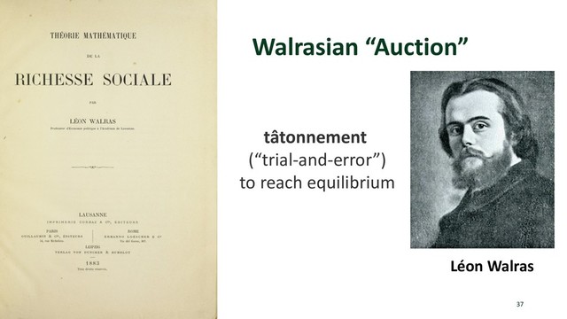 Walrasian “Auction”
37
Léon Walras
tâtonnement
(“trial-and-error”)
to reach equilibrium
