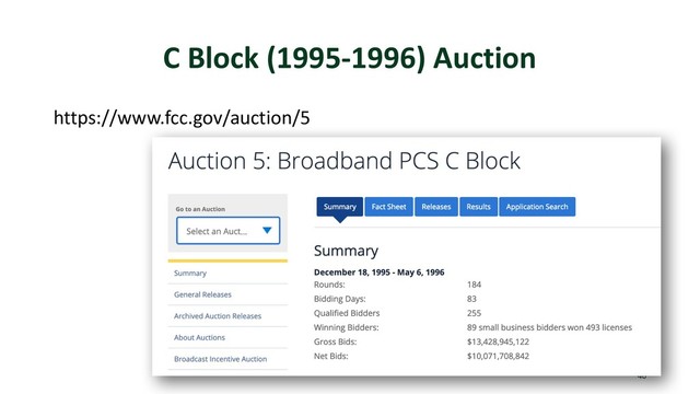 C Block (1995-1996) Auction
https://www.fcc.gov/auction/5
46
