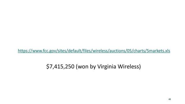 48
https://www.fcc.gov/sites/default/files/wireless/auctions/05/charts/5markets.xls
$7,415,250 (won by Virginia Wireless)
