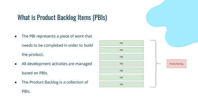 What is Product Backlog Items (PBIs)
● The PBI represents a piece of work that
needs to be completed in order to build
the product.
● All development activities are managed
based on PBIs.
● The Product Backlog is a collection of
PBIs.
