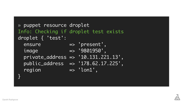 » puppet resource droplet
Info: Checking if droplet test exists
droplet { 'test':
ensure => 'present',
image => '9801950',
private_address => '10.131.221.13',
public_address => '178.62.17.225',
region => 'lon1',
}
Gareth Rushgrove
