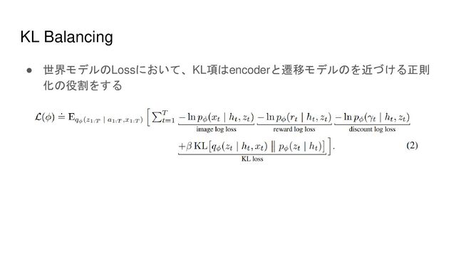 KL Balancing
● 世界モデルのLossにおいて、KL項はencoderと遷移モデルのを近づける正則
化の役割をする
