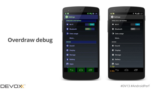 #DV13 #AndroidPerf
Overdraw debug

