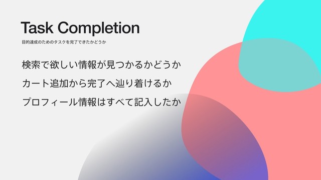 Task Completion
໨తୡ੒ͷͨΊͷλεΫΛ׬ྃͰ͖͔ͨͲ͏͔
ݕࡧͰཉ͍͠৘ใ͕ݟ͔ͭΔ͔Ͳ͏͔
Χʔτ௥Ճ͔Β׬ྃ΁୧Γண͚Δ͔
ϓϩϑΟʔϧ৘ใ͸͢΂ͯهೖ͔ͨ͠
