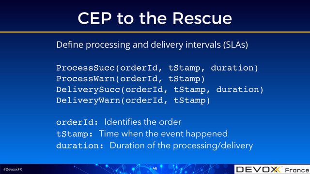 #DevoxxFR
CEP to the Rescue
46
Deﬁne processing and delivery intervals (SLAs)
ProcessSucc(orderId, tStamp, duration)
ProcessWarn(orderId, tStamp)
DeliverySucc(orderId, tStamp, duration)
DeliveryWarn(orderId, tStamp)
orderId: Identiﬁes the order
tStamp: Time when the event happened
duration: Duration of the processing/delivery
