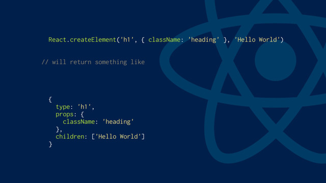 React.createElement('h1', { className: 'heading' }, 'Hello World')
// will return something like
{
type: 'h1',
props: {
className: 'heading'
},
children: ['Hello World']
}
