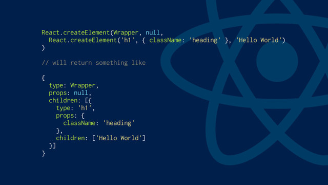 React.createElement(Wrapper, null,
React.createElement('h1', { className: 'heading' }, 'Hello World')
)
// will return something like
{
type: Wrapper,
props: null,
children: [{
type: 'h1',
props: {
className: 'heading'
},
children: ['Hello World']
}]
}
