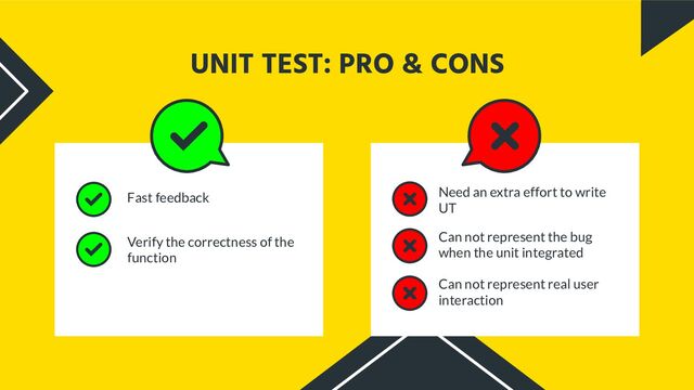 Fast feedback Need an extra effort to write
UT
UNIT TEST: PRO & CONS
Verify the correctness of the
function
Can not represent the bug
when the unit integrated
Can not represent real user
interaction
