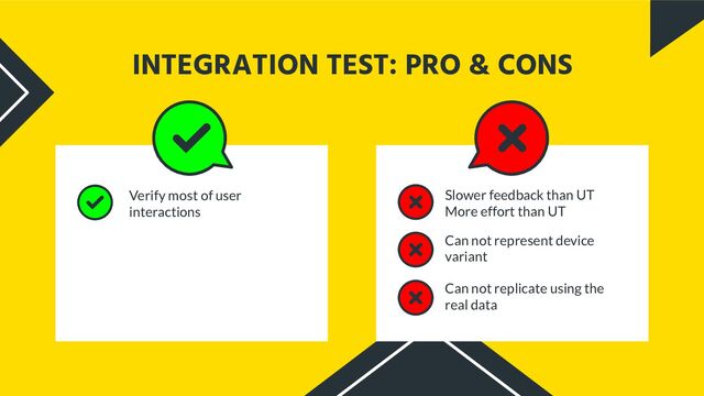 Verify most of user
interactions
Slower feedback than UT
More effort than UT
INTEGRATION TEST: PRO & CONS
Can not represent device
variant
Can not replicate using the
real data
