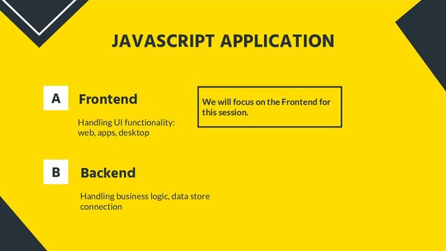 JAVASCRIPT APPLICATION
Frontend
Backend
Handling UI functionality:
web, apps, desktop
Handling business logic, data store
connection
A
B
We will focus on the Frontend for
this session.
