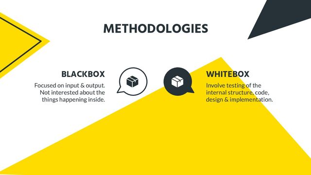 Focused on input & output.
Not interested about the
things happening inside.
Involve testing of the
internal structure, code,
design & implementation.
METHODOLOGIES
BLACKBOX WHITEBOX
