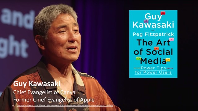Guy Kawasaki
Chief Evangelist of Canva
Former Chief Evangelist of Apple
61 Summary of book: https://www.slideshare.net/cPOEt/how-to-use-personal-branding-to-stand-out-72587334
