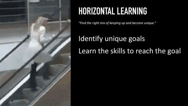 HORIZONTAL LEARNING
Identify unique goals
Learn the skills to reach the goal
68
“Find the right mix of keeping up and become unique.”

