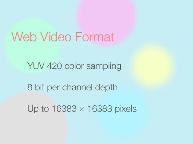 Web Video Format
YUV 420 color sampling
8 bit per channel depth
Up to 16383 × 16383 pixels
