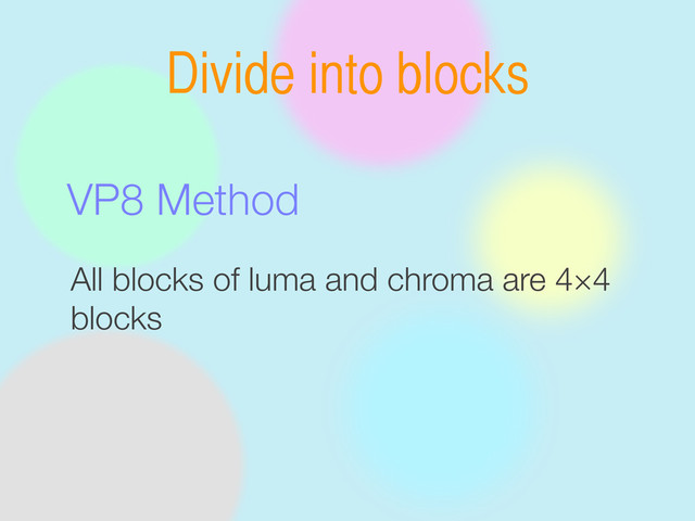 Divide into blocks
VP8 Method
All blocks of luma and chroma are 4×4
blocks
