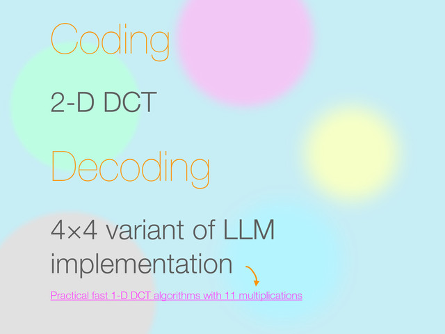 Coding
2-D DCT
Decoding
4×4 variant of LLM
implementation
Practical fast 1-D DCT algorithms with 11 multiplications
