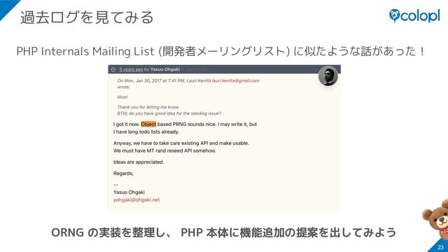 PHP Internals Mailing List (開発者メーリングリスト) に似たような話があった！
ORNG の実装を整理し、 PHP 本体に機能追加の提案を出してみよう
23
過去ログを見てみる
