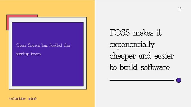 18
FOSS makes it
exponentially
cheaper and easier
to build software
Open Source has fuelled the
startup boom
trallard.dev @ixek
