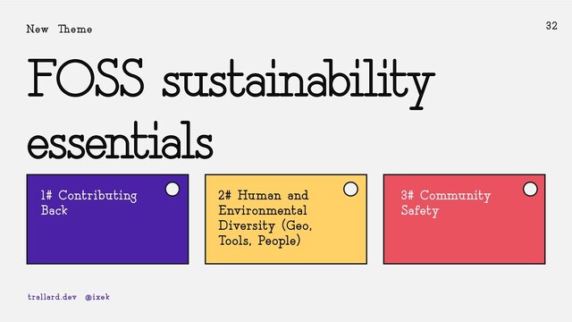 FOSS sustainability
essentials
New-Theme 32
1# Contributing
Back
2# Human and
Environmental
Diversity (Geo,
Tools, People)
3# Community
Safety
trallard.dev @ixek
