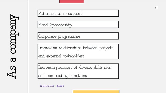 As a company
41
Administrative support
trallard.dev @ixek
Fiscal Sponsorship-
Corporate programmes
Improving relationships between projects
and external stakeholders
Increasing support of diverse skills sets
and non-coding functions
