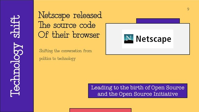 9
Shifting the conversation from
politics to technology
Technology shift
Netscape released
The source code
Of their browser
Leading to the birth of Open Source
and the Open Source Initiative
