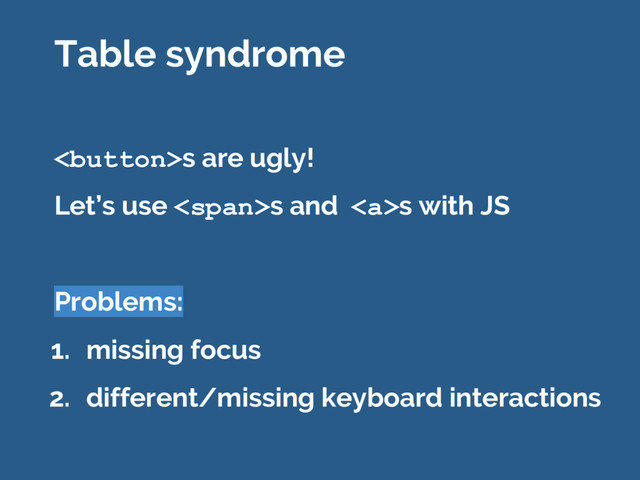 s are ugly!
Let’s use <span>s and <a>s with JS
Problems:
1. missing focus
2. different/missing keyboard interactions
Table syndrome
</a></span>