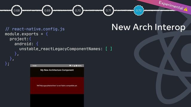 New Arch Interop
0.69
0.68
//
react-native.config.js

module.exports = {

project:{

android: {

unstable_reactLegacyComponentNames: [ ]

},

},

};

Experimental ⚠
0.72
0.71
0.70
