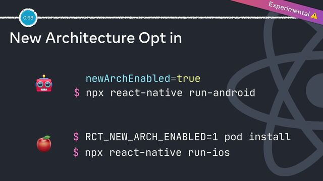 New Architecture Opt in
$ RCT_NEW_ARCH_ENABLED=1 pod install
newArchEnabled=true
$ npx react-native run-android
0.68
$ npx react-native run-ios
Experimental ⚠

