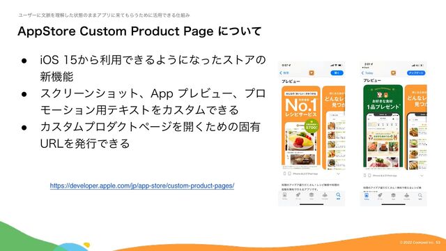 $PPLQBE*OD
©︎
"QQ4UPSF$VTUPN1SPEVDU1BHFʹ͍ͭͯ

Ϣʔβʔʹจ຺Λཧղͨ͠ঢ়ଶͷ··ΞϓϦʹདྷͯ΋Β͏ͨΊʹ׆༻Ͱ͖Δ࢓૊Έ
˔
J04͔Βར༻Ͱ͖ΔΑ͏ʹͳͬͨετΞͷ
৽ػೳ
˔
εΫϦʔϯγϣοτɺ"QQϓϨϏϡʔɺϓϩ
Ϟʔγϣϯ༻ςΩετΛΧελϜͰ͖Δ
˔
ΧελϜϓϩμΫτϖʔδΛ։ͨ͘Ίͷݻ༗
63-ΛൃߦͰ͖Δ
https://developer.apple.com/jp/app-store/custom-product-pages/
