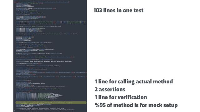 103 lines in one test
1 line for calling actual method


2 assertions


1 line for verification


%95 of method is for mock setup
