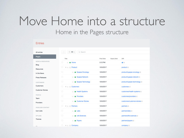 Home in the Pages structure
Move Home into a structure
