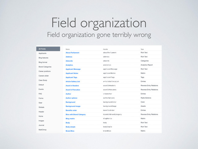Field organization gone terribly wrong
Field organization
