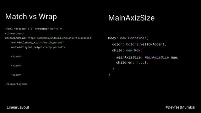 Match vs Wrap






body: new Container(
color: Colors.yellowAccent,
child: new Row(
children: [...],
),
)
MainAxizSize
mainAxisSize: MainAxisSize.max,
mainAxisSize: MainAxisSize.min,
#DevfestMumbai
LinearLayout
