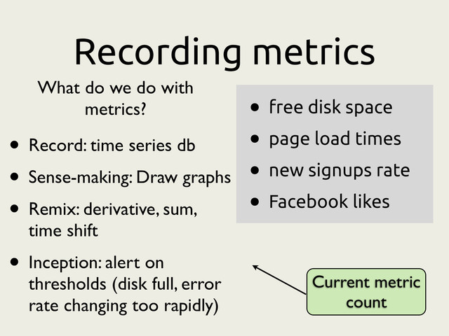 Recording metrics
• free disk space
• page load times
• new signups rate
• Facebook likes
Current metric
count
• Record: time series db
• Sense-making: Draw graphs
• Remix: derivative, sum,
time shift
• Inception: alert on
thresholds (disk full, error
rate changing too rapidly)
What do we do with
metrics?

