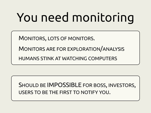You need monitoring
MONITORS, LOTS OF MONITORS.
MONITORS ARE FOR EXPLORATION/ANALYSIS
HUMANS STINK AT WATCHING COMPUTERS
SHOULD BE IMPOSSIBLE FOR BOSS, INVESTORS,
USERS TO BE THE FIRST TO NOTIFY YOU.
