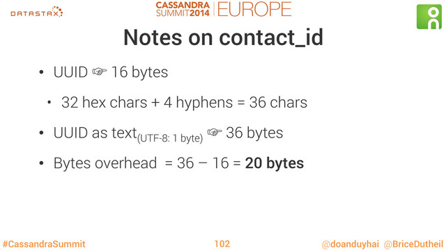 #CassandraSummit @doanduyhai @BriceDutheil
Notes on contact_id
•  UUID ‛ 16 bytes
•  32 hex chars + 4 hyphens = 36 chars
•  UUID as text(UTF-8: 1 byte)
‛ 36 bytes
•  Bytes overhead = 36 – 16 = 20 bytes
102
