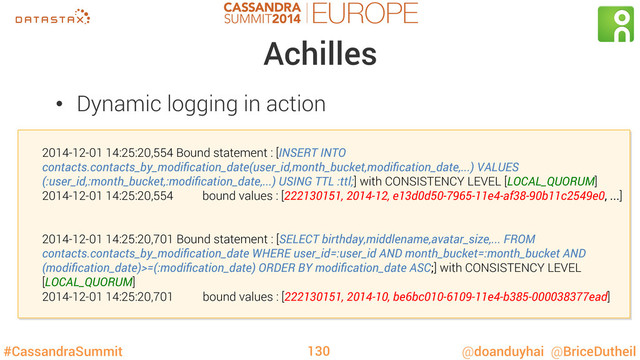 #CassandraSummit @doanduyhai @BriceDutheil
Achilles
130
2014-12-01 14:25:20,554 Bound statement : [INSERT INTO
contacts.contacts_by_modiﬁcation_date(user_id,month_bucket,modiﬁcation_date,...) VALUES
(:user_id,:month_bucket,:modiﬁcation_date,...) USING TTL :ttl;] with CONSISTENCY LEVEL [LOCAL_QUORUM]
2014-12-01 14:25:20,554 bound values : [222130151, 2014-12, e13d0d50-7965-11e4-af38-90b11c2549e0, ...]
2014-12-01 14:25:20,701 Bound statement : [SELECT birthday,middlename,avatar_size,... FROM
contacts.contacts_by_modiﬁcation_date WHERE user_id=:user_id AND month_bucket=:month_bucket AND
(modiﬁcation_date)>=(:modiﬁcation_date) ORDER BY modiﬁcation_date ASC;] with CONSISTENCY LEVEL
[LOCAL_QUORUM]
2014-12-01 14:25:20,701 bound values : [222130151, 2014-10, be6bc010-6109-11e4-b385-000038377ead]
•  Dynamic logging in action
