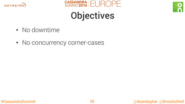#CassandraSummit @doanduyhai @BriceDutheil
Objectives
•  No downtime
•  No concurrency corner-cases
35
