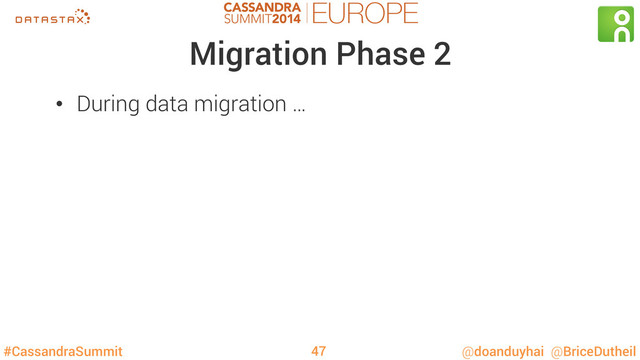 #CassandraSummit @doanduyhai @BriceDutheil
Migration Phase 2
•  During data migration …
47
