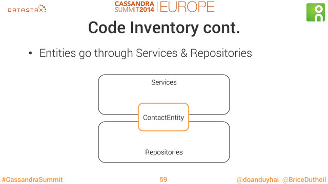 #CassandraSummit @doanduyhai @BriceDutheil
Code Inventory cont.
•  Entities go through Services & Repositories
59
Repositories
Services
ContactEntity
