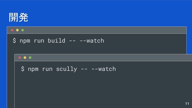 $ npm run build -- --watch
開発
11
$ npm run scully -- --watch
