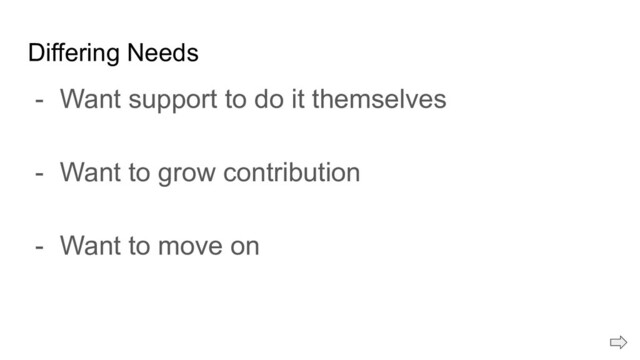 Differing Needs
- Want support to do it themselves
- Want to grow contribution
- Want to move on
