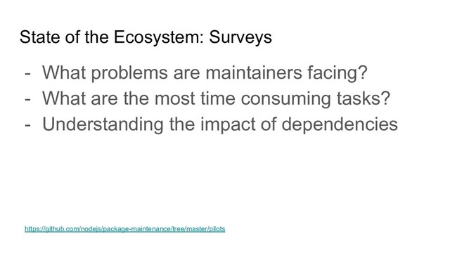 State of the Ecosystem: Surveys
- What problems are maintainers facing?
- What are the most time consuming tasks?
- Understanding the impact of dependencies
https://github.com/nodejs/package-maintenance/tree/master/pilots
