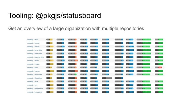 Tooling: @pkgjs/statusboard
Get an overview of a large organization with multiple repositories
